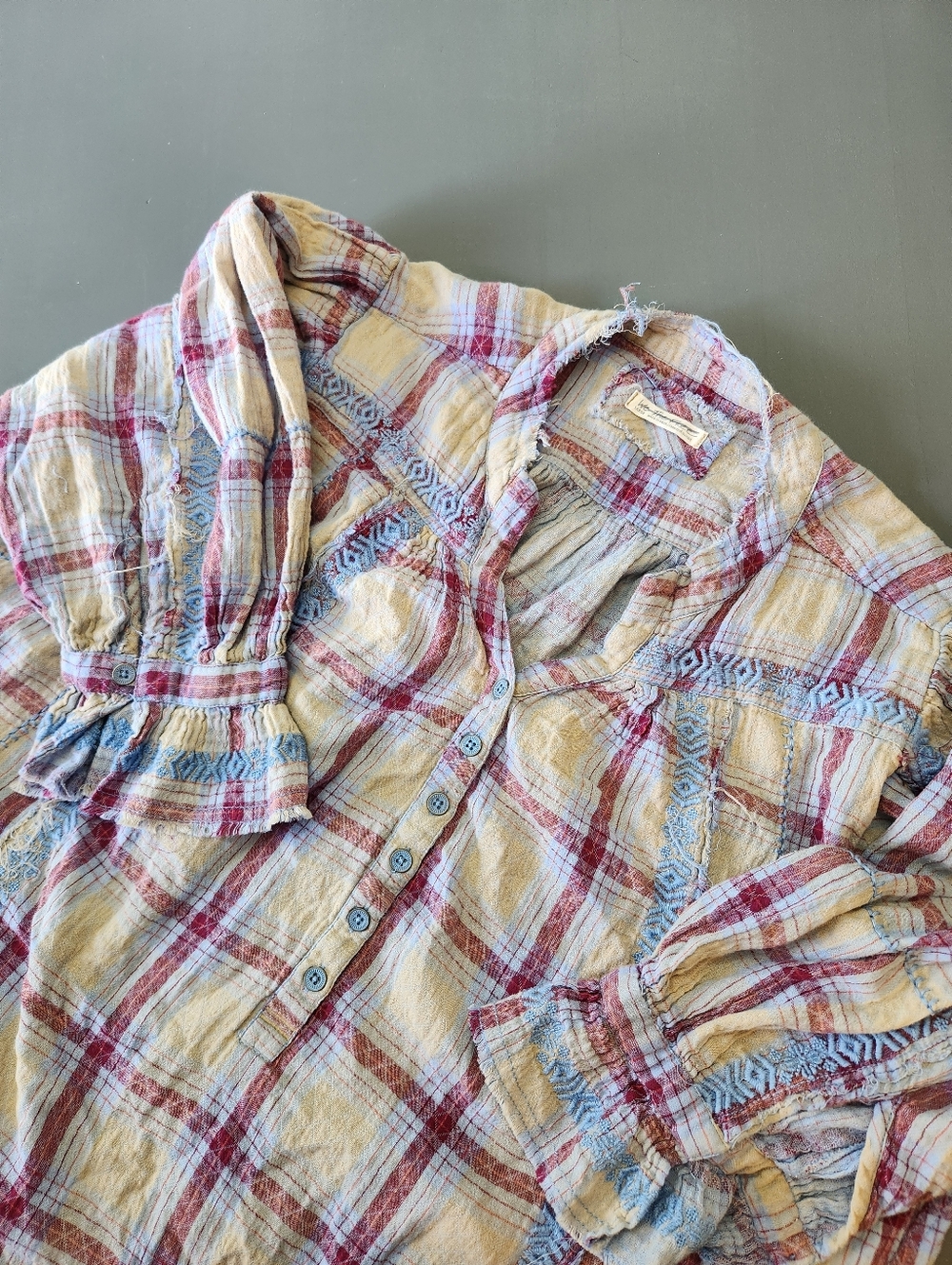 We the Free FP Shirt Women Large Plaid Flannel Popover Tunic Embroidered Fringe